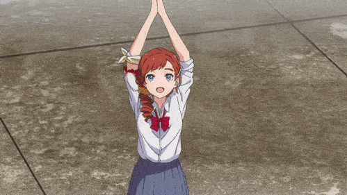 kurumi saijo clapping her hands and then flashing double peace signs